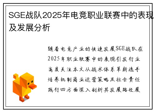 SGE战队2025年电竞职业联赛中的表现及发展分析